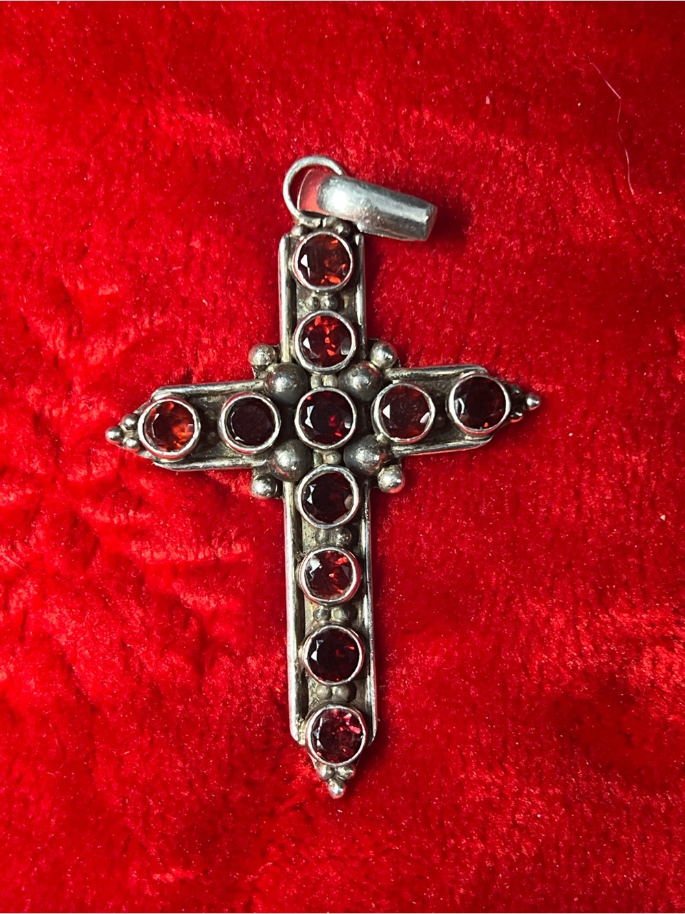 Silver Cross Pendant with Deep Red Stones stamped 925